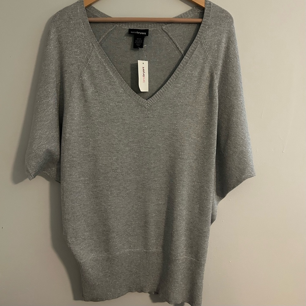 Lane Bryant Silver-Gray Metallic V-Neck Short Sleeve Sweater